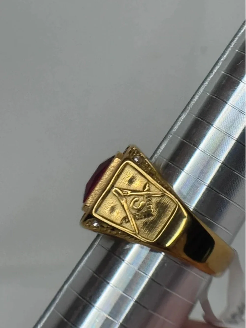 gold tone red CZ statement ring clear accents size 13